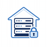 Icon: server with a padlock inside a building outline