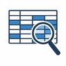 Icon: spreadsheet grid with search magnifying glass