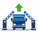 Icon: truck moving through a gate with green arrow