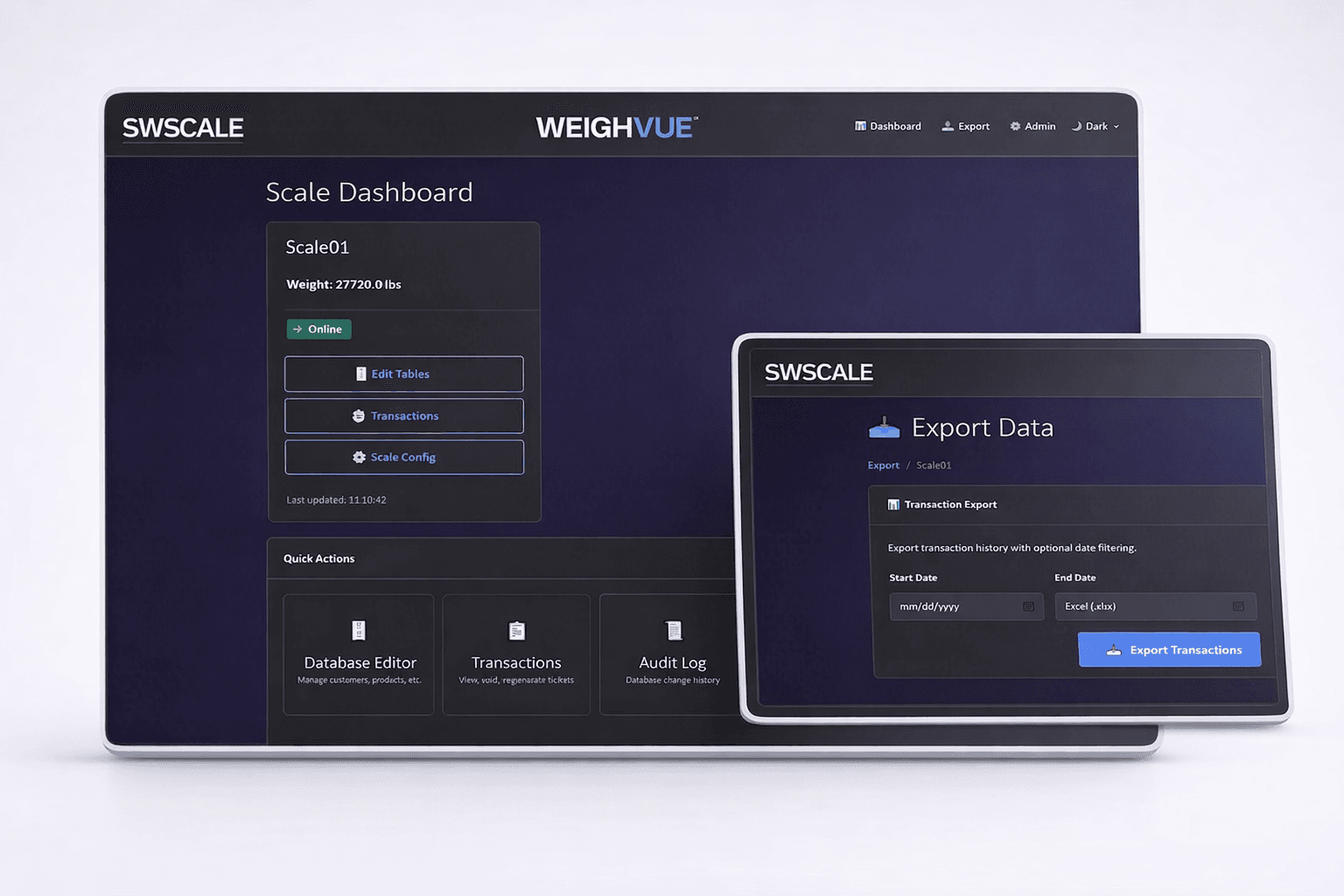 WeighVue DB+ Admin panel and data export