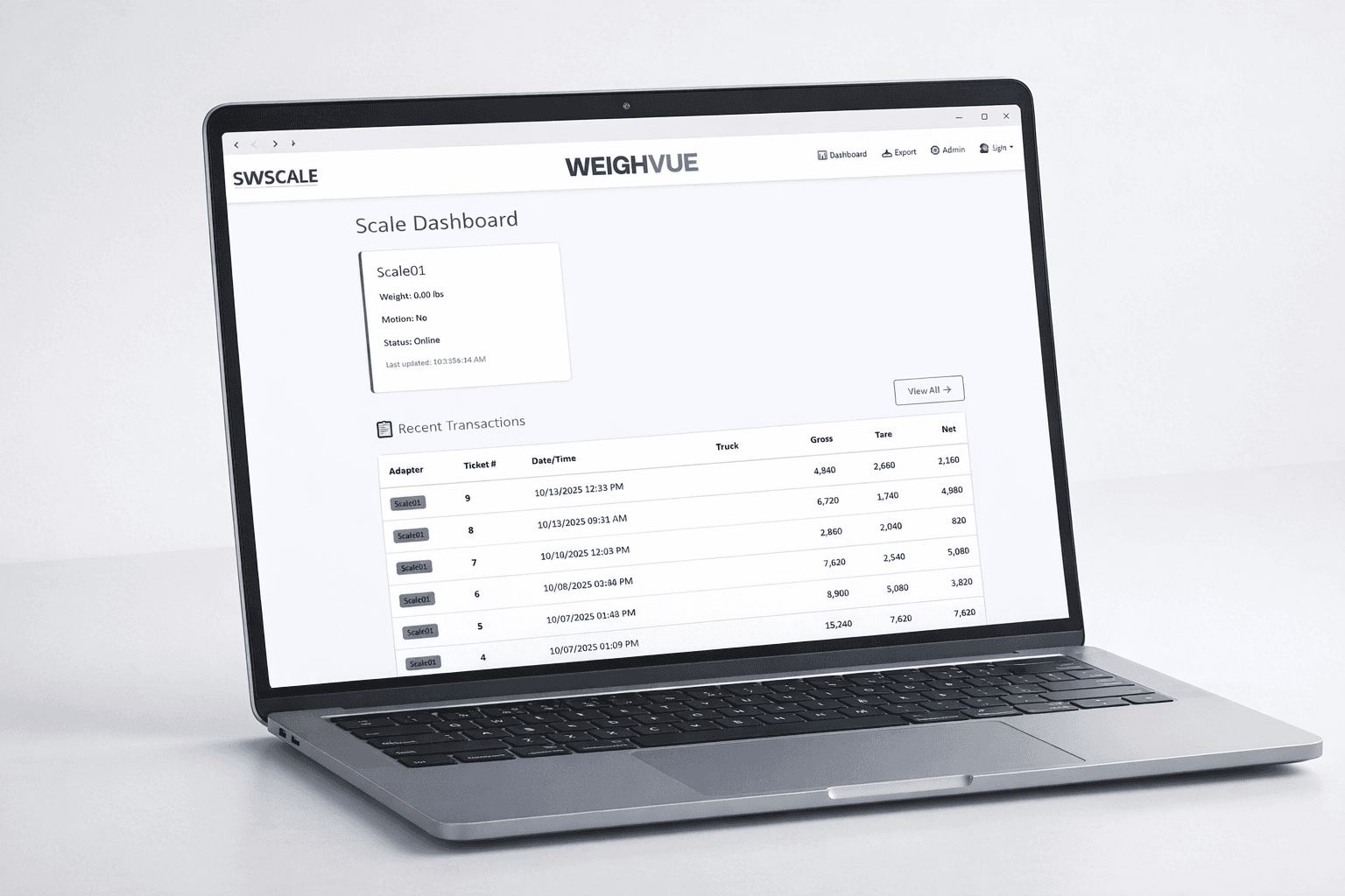 WeighVue DB+ LAN Dashboard in a browser