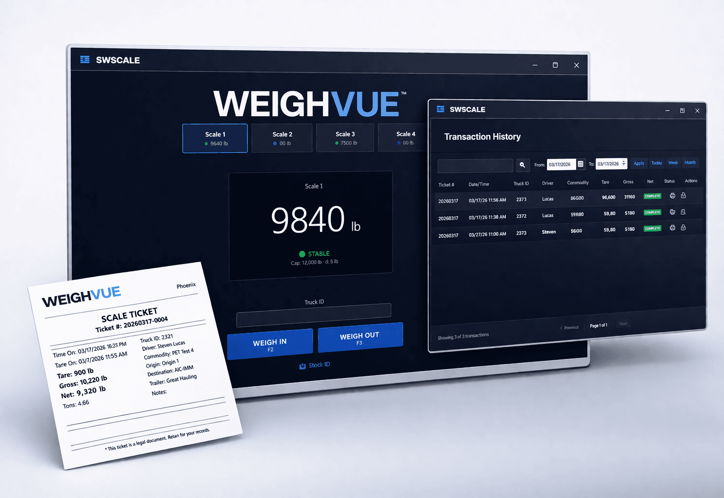 WeighVue Desktop - Main Screen, Transaction History, and PDF Ticket